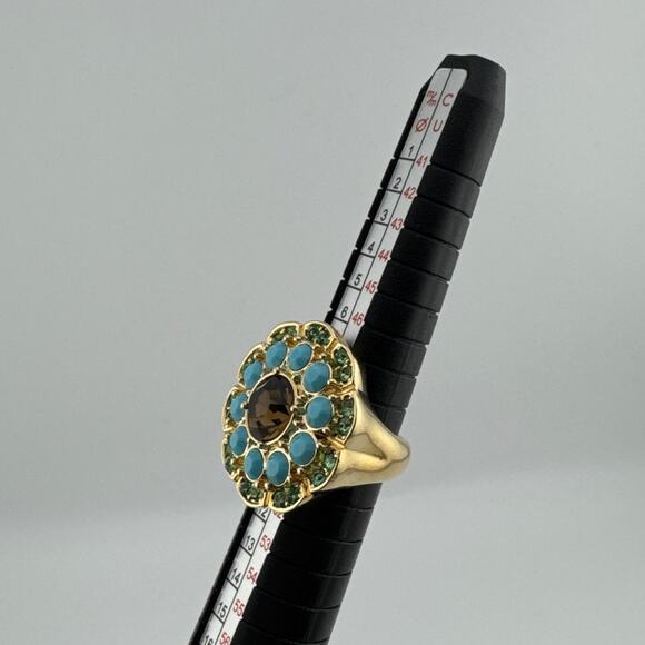 Vintage Boho Floral Statement Ring Turquoise & Green Stone Costume Jewelry - Picture 7 of 7